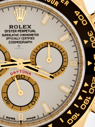 Macro view of Rolex Daytona 126518LN with day date display