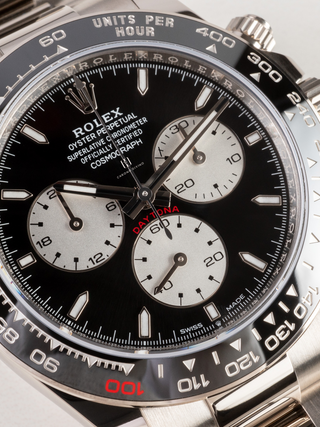 Angled close-up of a Rolex Daytona 126529LN dial