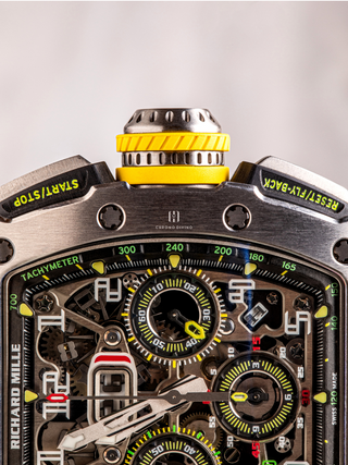 A close view of the dial and the crown of Richard Mille RM11-03Ti