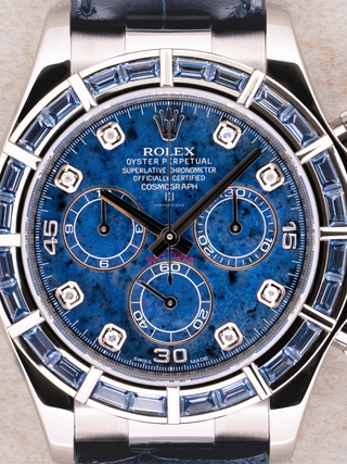 Close-up of a Rolex Daytona 116589SACI dial emphasizing the diamond markers and blue dial