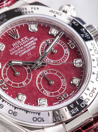 The burgundy dial of Rolex Daytona 116519 with embedded diamonds