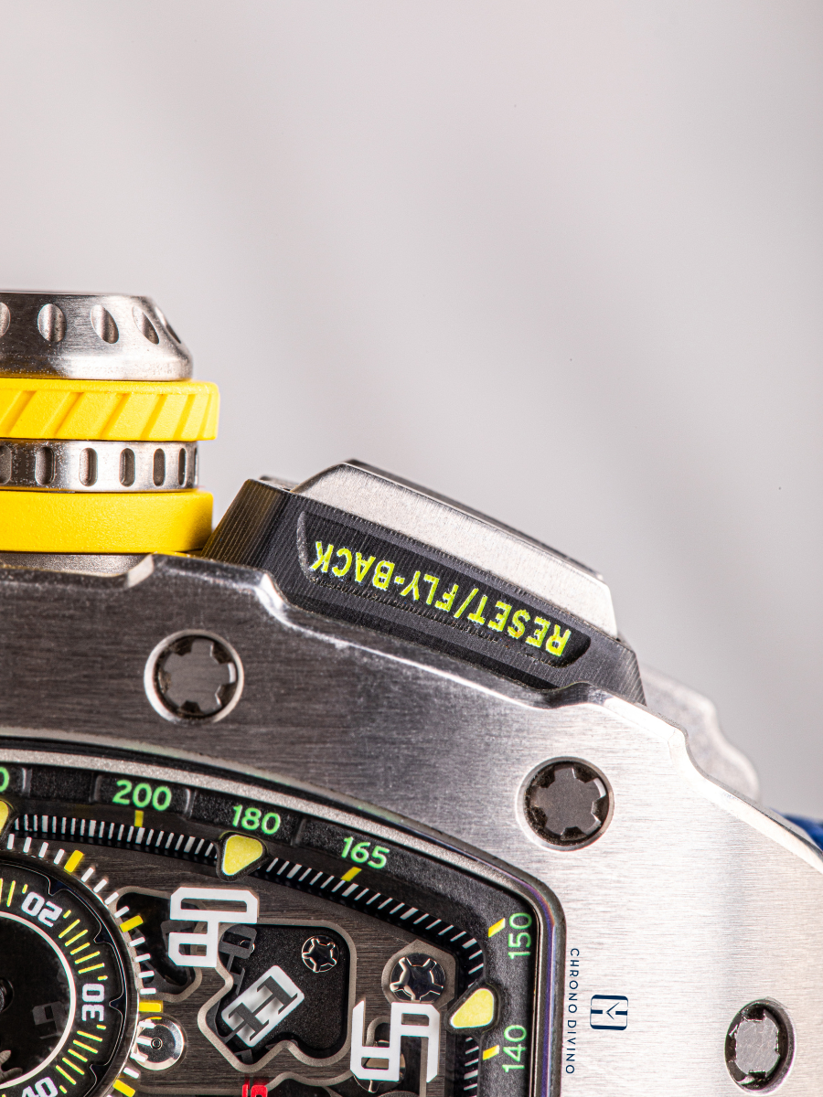 The reset/fly-back button with half of the crown is visible from Richard Mille RM11-03Ti