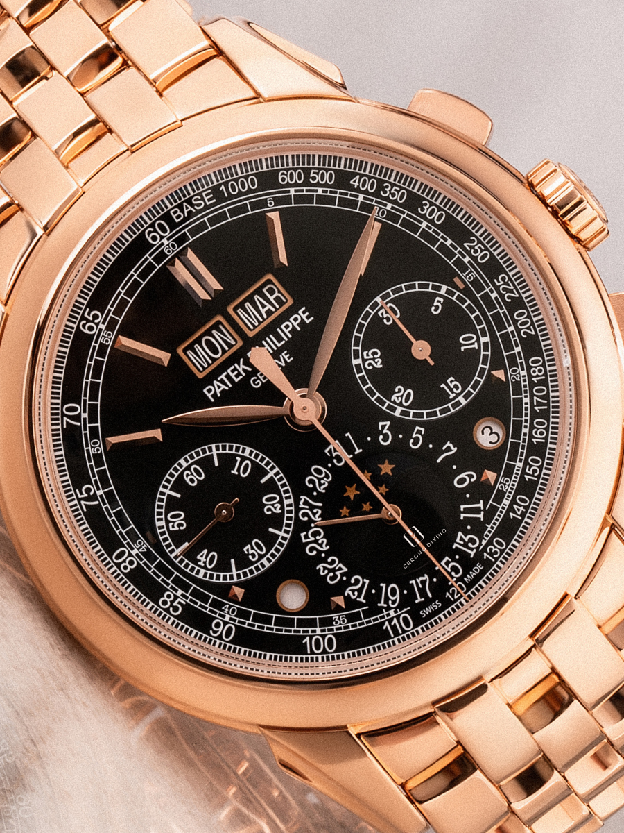 The dark black dial of Patek Philippe 5270/1R is displayed