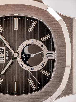 The semi visible dial of Patek Philippe 5726A with moonphase indicator