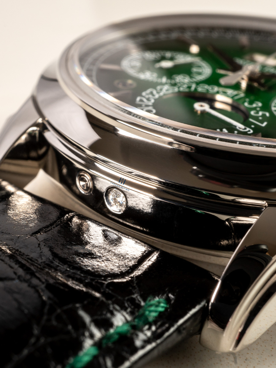 The image focuses on the radiance of platinum in the timeless design of the case