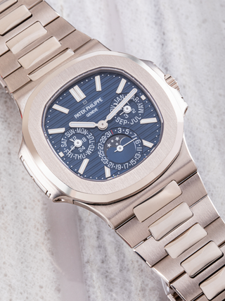 The dial of Patek Philippe 5712G placed diagonally