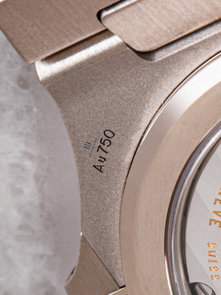 Close-up of Patek Philippe 5740/1G with 'Au 750' and 'Swiss Made' markings