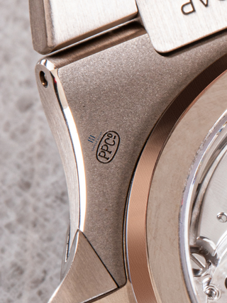 Close-up of the case of Patek Philippe 5740/1G watch with 'PPCo' marking