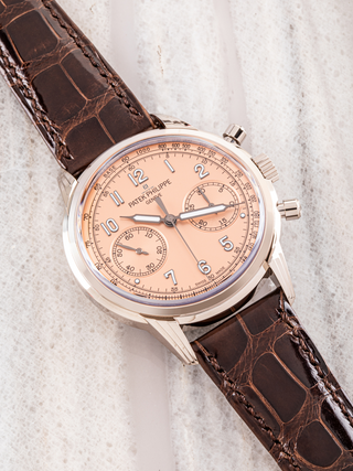 Patek Philippe 5172G chronograph in white gold with rose-gilt opaline dial, tachymeter scale, and brown leather strap