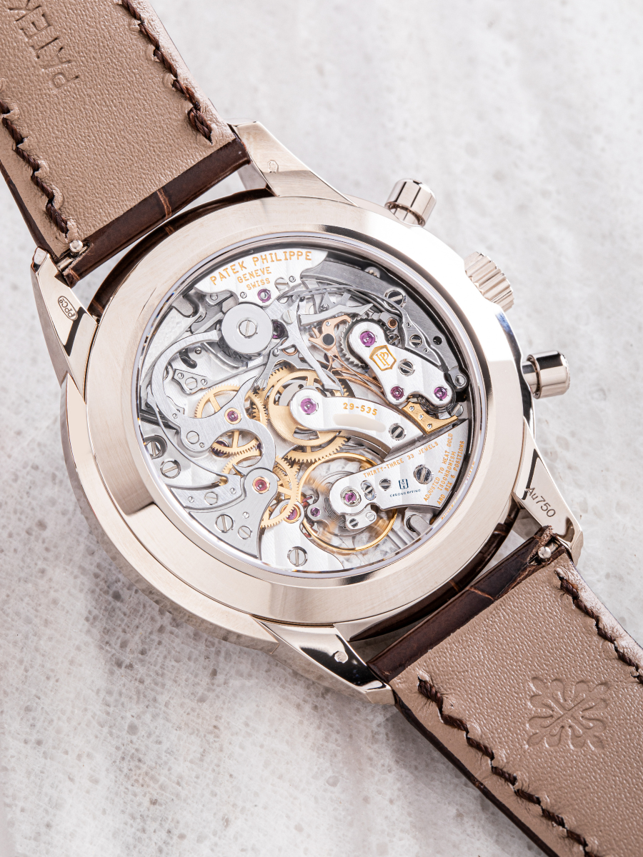 Close-up of Patek Philippe's Caliber CH 29‑535 PS chronograph movement with central chronograph hand