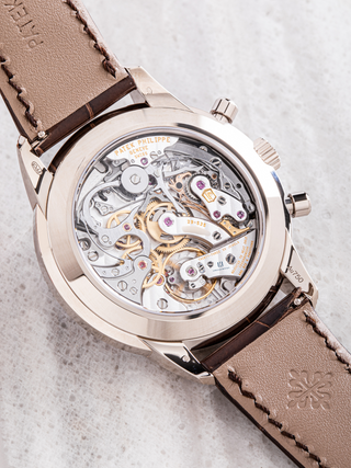 Close-up of Patek Philippe's Caliber CH 29‑535 PS chronograph movement with central chronograph hand