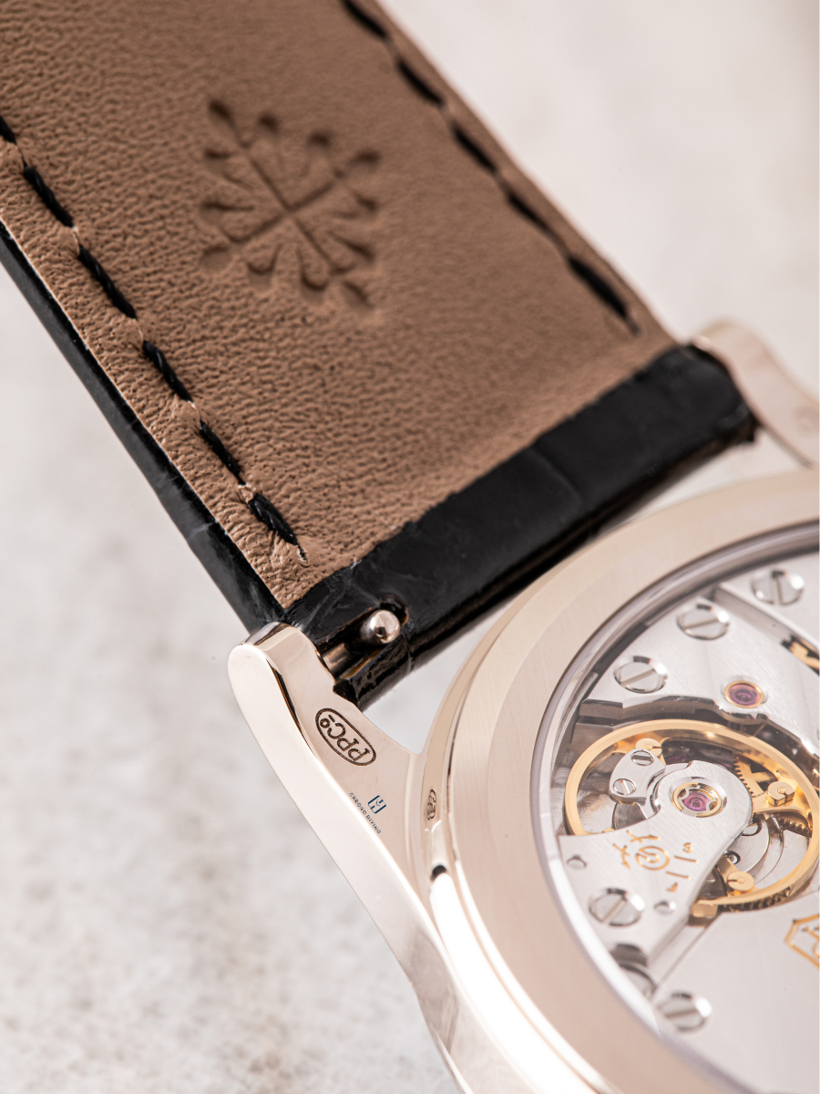 The rear view of Alligator leather strap of Patek Philippe 5172G is shown in the image