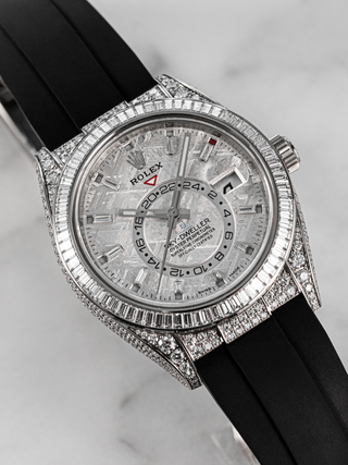 Rolex Sky-Dweller 326259TBR with a distinctive meteorite patterned dial, diamond-set bezel and lugs, and a black strap