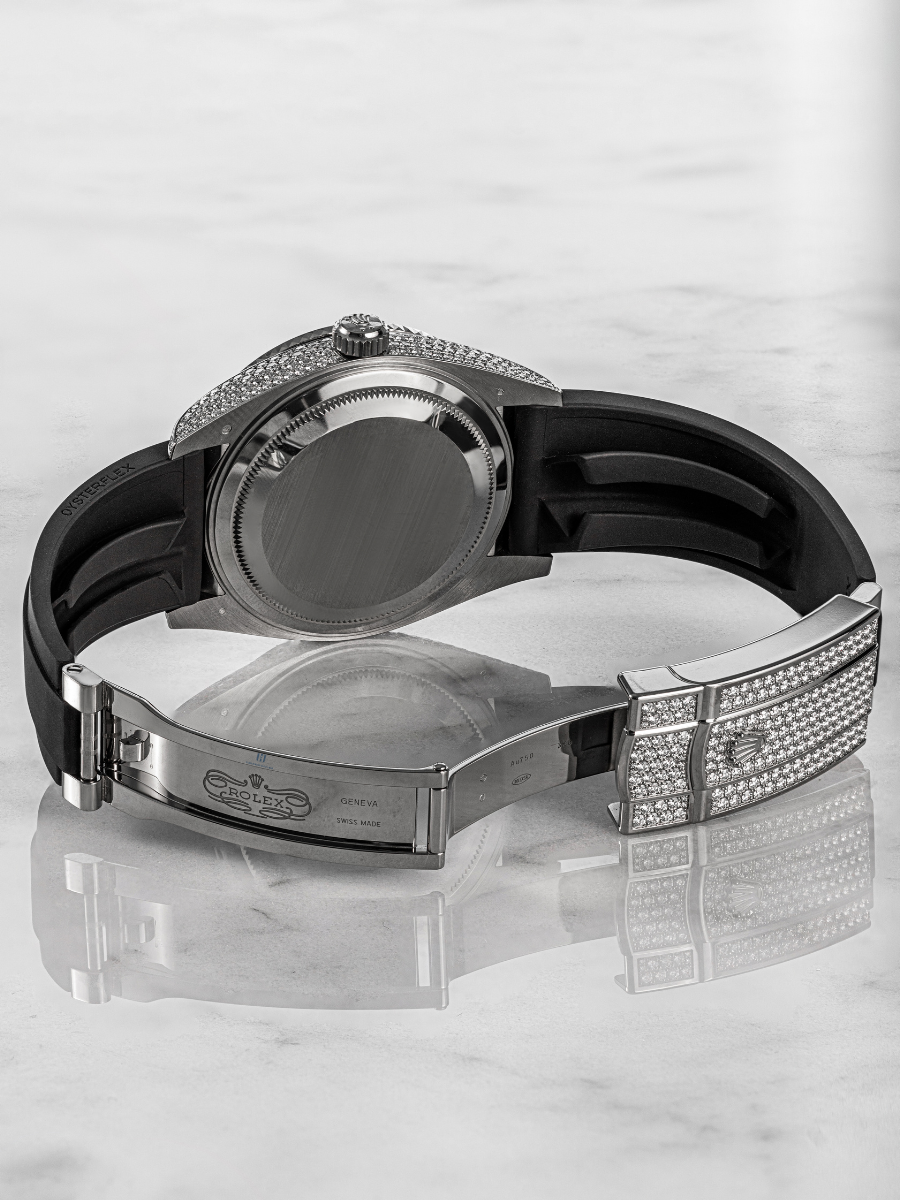 The crown with diamond embellished bezel of Rolex Sky-Dweller 326259TBR
