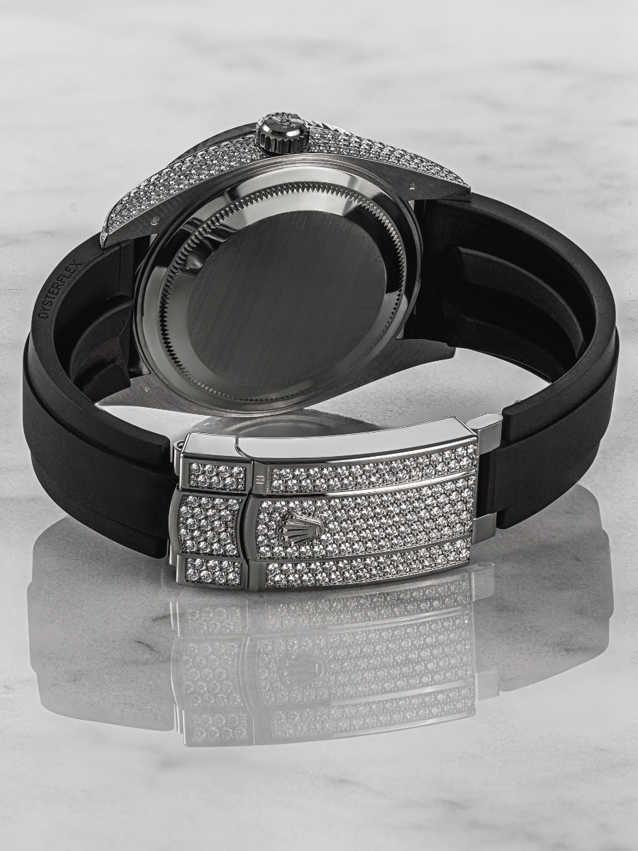 Detailed view of the back of a Rolex Sky-Dweller 326259TBR, highlighting the intricate diamond setting on the bracelet