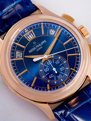 The picture is the enlarged view of Patek Philippe 5905R, highlighting Sunburst blue dial