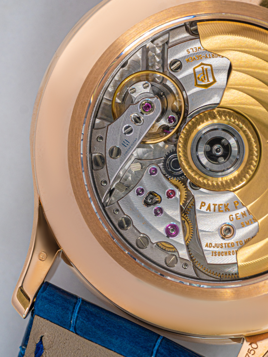 The picture shows a portion of Patek Philippe 5905R watch, highlighting its dial