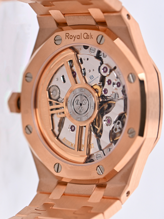 The case of Audemars Piguet 15510OR with visible gears