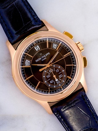 Patek Philippe 5905R-001 in rose gold with a brown sunray dial, flyback chronograph, and black alligator leather strap