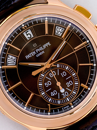 The picture is of Patek Philippe 5905R, highlighting Brown dial with gold applied faceted baton-style hour markers