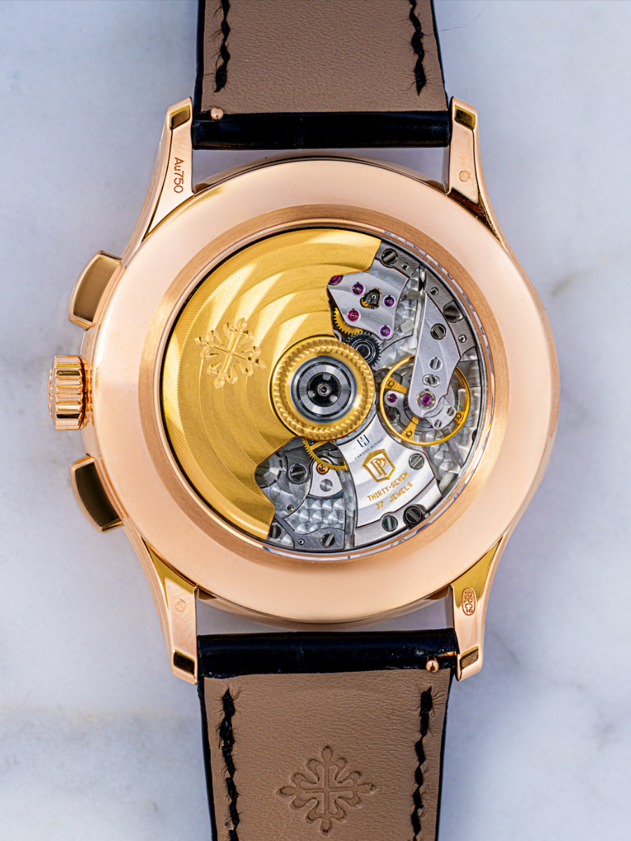The image is the vertical view of Patek Philippe 5905R with its dial and straps