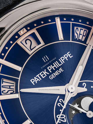 The picture is the expanded view of Blue sunburst dial of Patek Philippe 5205G with detailed designs