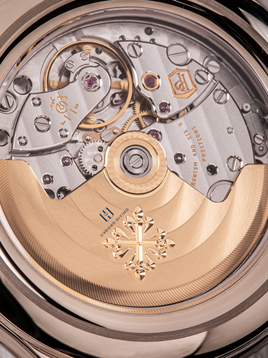 The picture is the enlarged view of Patek Philippe 5205G watch dial with a silver and golden colour combination
