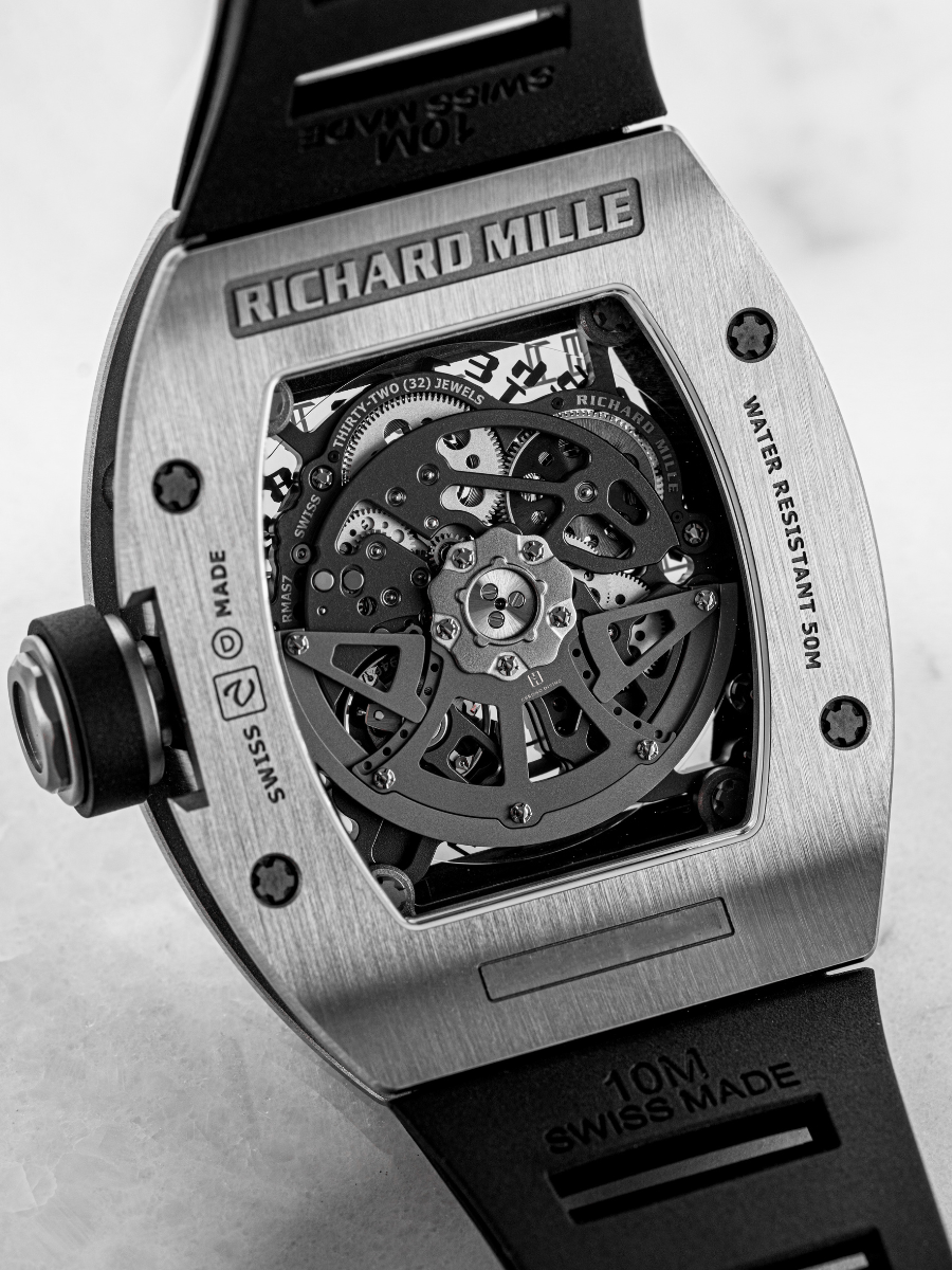 The case of Richard Mille RM 010 with the 'Swiss Made' and 'Water Resistant' engrave