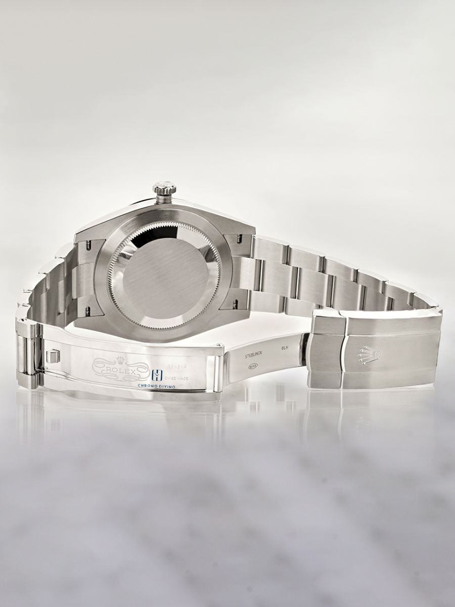 Back view of stainless steel Rolex Oyster Perpetual with its open clasp