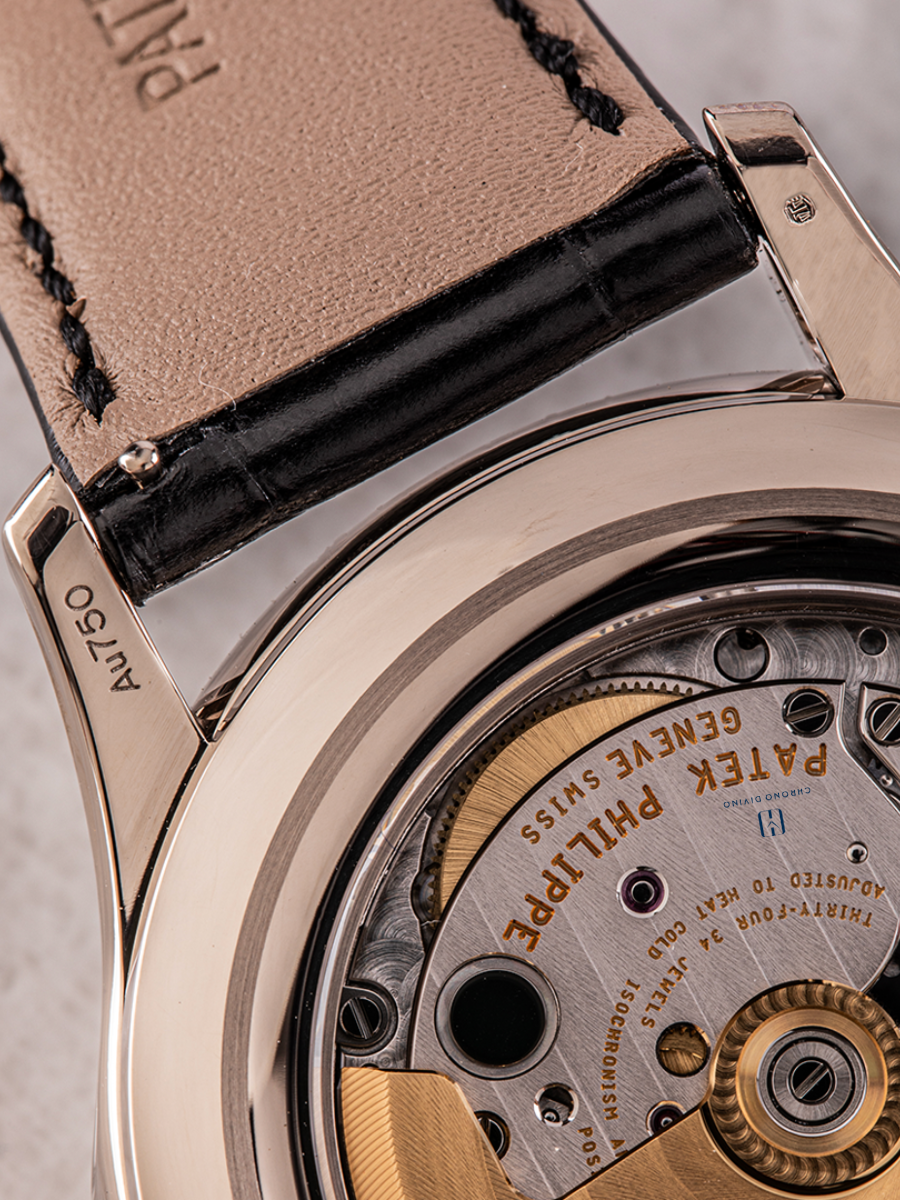 The image shows some portions of Patek Philippe 5205G dial and strap, highlighting Au 750 mark