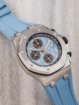 Audemars Piguet 26238ST with sky blue band is highlighted
