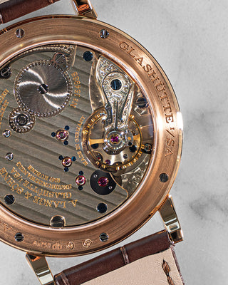 High-end dress watch by A. Lange & Söhne – 1815 Annual Calendar with full calendar layout, white gold case, and blued hands on silver dial.