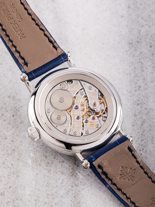 Sophisticated Patek Philippe watch with a gleaming silver band, highlighting luxury.