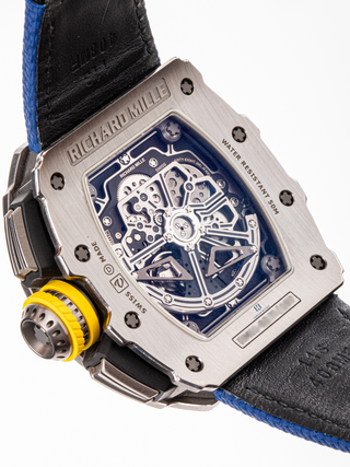The transparent case of Richard Mille RM11-03Ti with the "Swiss Made' and "Water Resistant' engrave