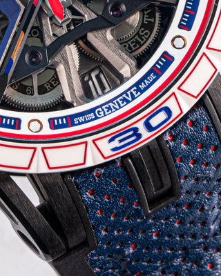 Close-up of Roger Dubuis Excalibur Spider Huracán showing its architectural skeleton dial, bold angular lugs, and sport-style strap.