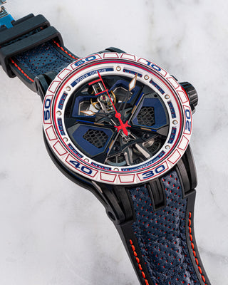 Roger Dubuis Excalibur Spider Huracán in titanium with skeleton dial, hexagonal bridge design, and black rubber strap – inspired by Lamborghini engineering.