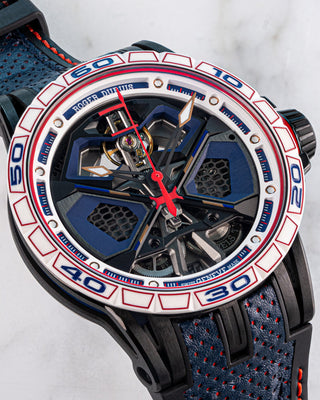 Front view of the Roger Dubuis Excalibur Spider Huracán with skeleton dial and angular titanium case, inspired by Lamborghini supercars.