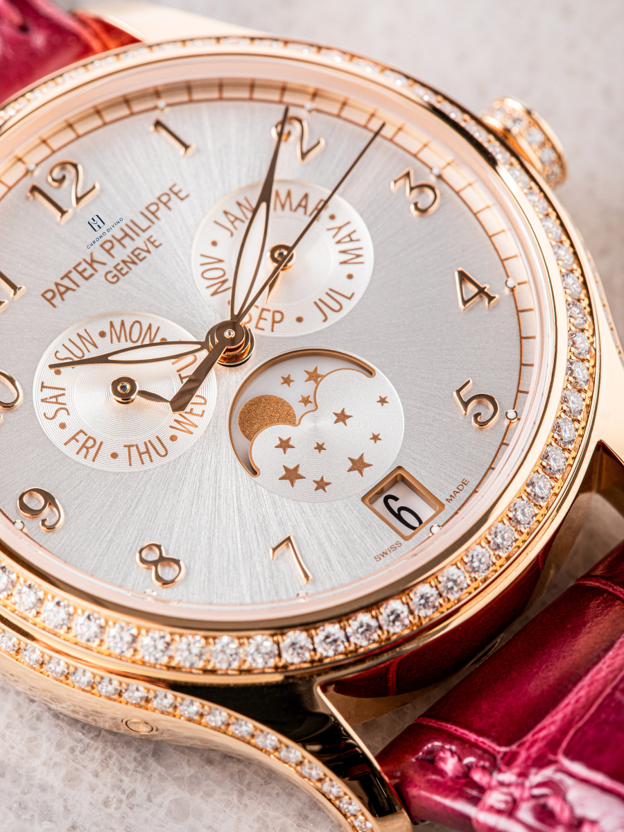 The expanded view highlights the bewitching white dial of Patek Philippe 4947R-001 Rose Gold Watch