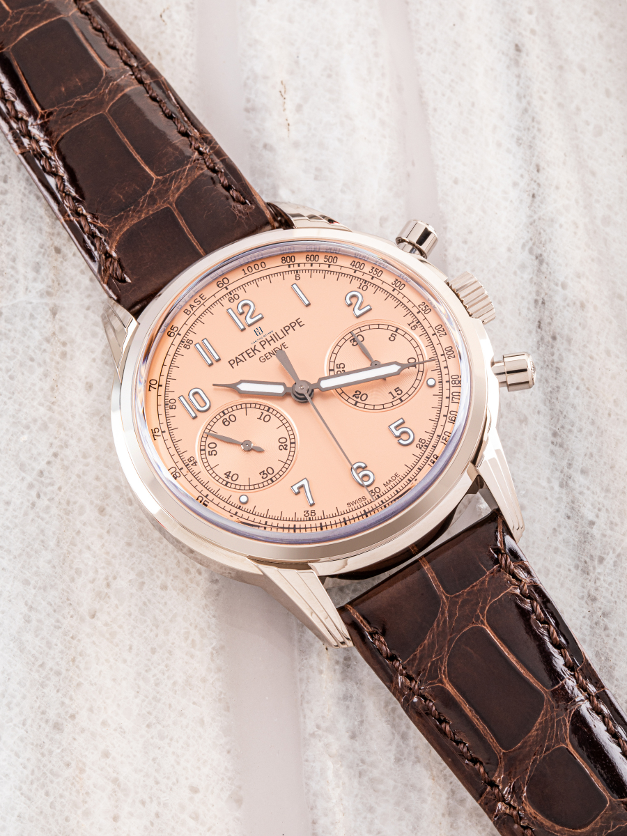 Patek Philippe 5172G chronograph in white gold with rose-gilt opaline dial, tachymeter scale, and brown leather strap