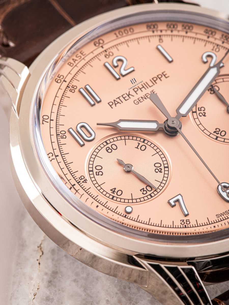 The enlarged view of Rose-gilt opaline dial of Patek Philippe 5172G watch is presented