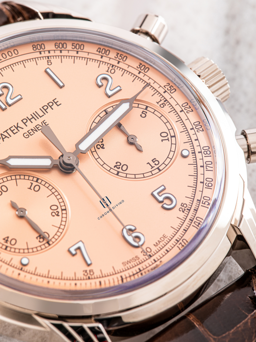 The enlarged view of Rose-gilt opaline dial of Patek Philippe 5172G watch is presented