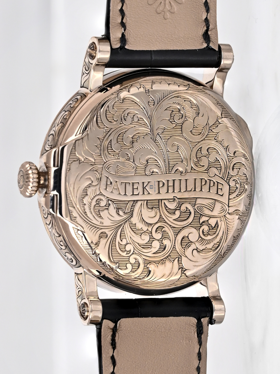 The picture focuses on designer crown of Patek Philippe 5160/500G watch