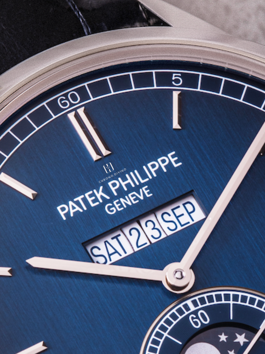 The image shows the enlarged view of Blue, black-gradient dial with gold applied hour markers