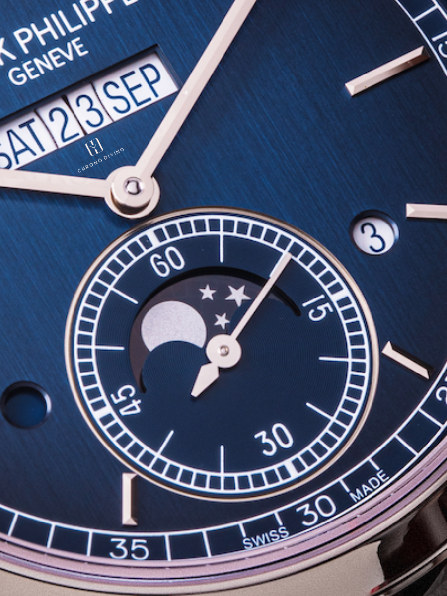 The moon phase indicator in Patek Philippe 5172G watch has been highlighted in the image