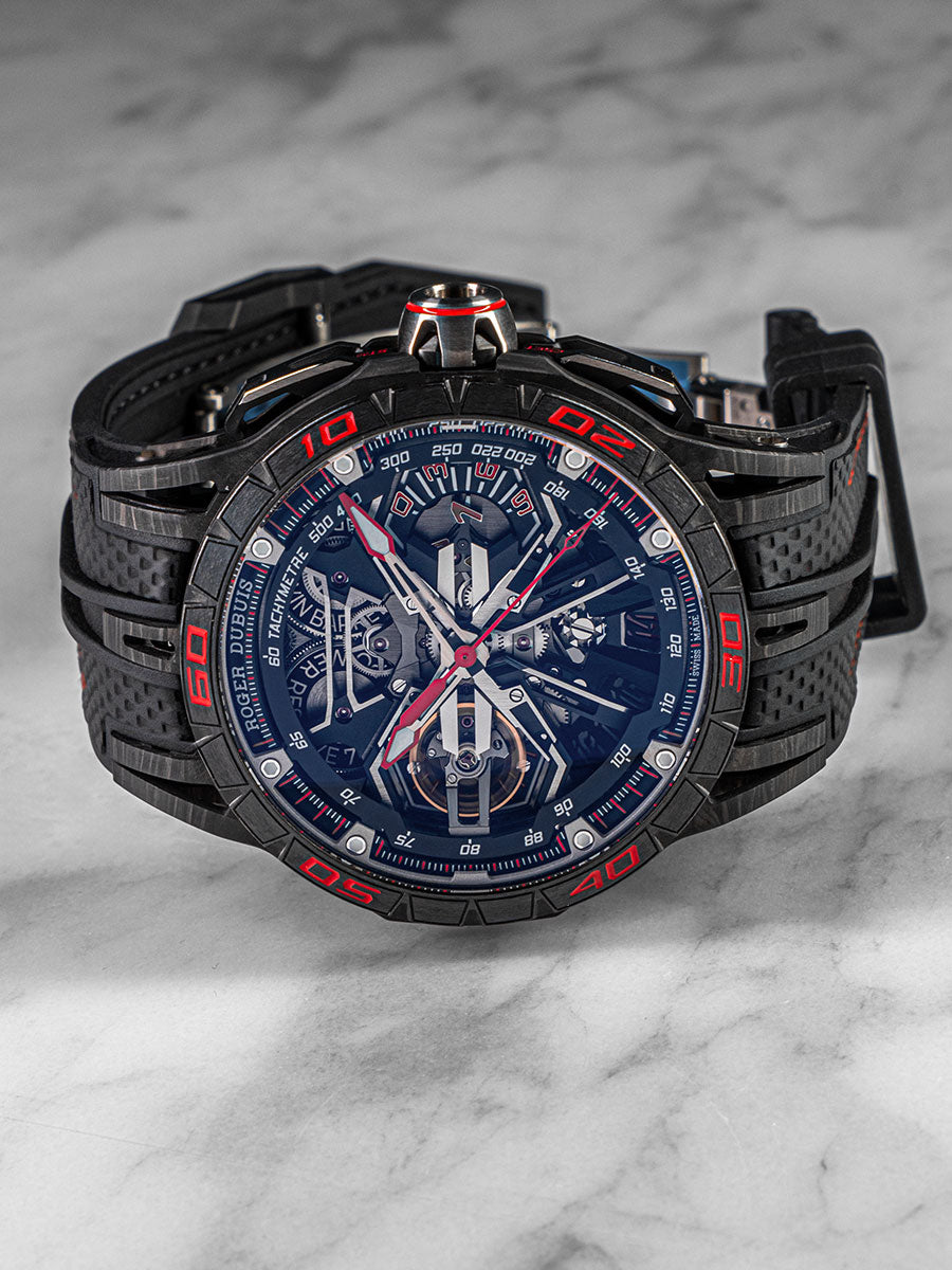 Excalibur Spider Flyback by Roger Dubuis, featuring an industrial-style open dial, black strap, and red pushers – luxury chronograph timepiece.