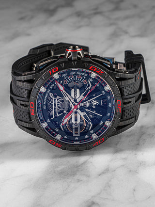 Excalibur Spider Flyback by Roger Dubuis, featuring an industrial-style open dial, black strap, and red pushers – luxury chronograph timepiece.